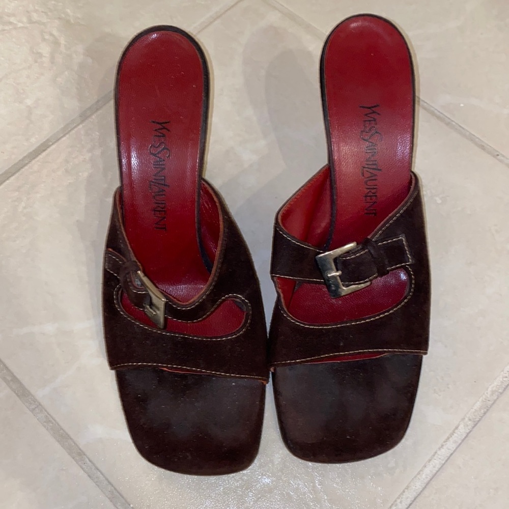 Yves Saint Laurent Brown Suede Vintage Square Toe Buckle Sandal Heel Pumps - Picture 12 of 13
